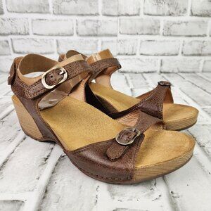 Dansko Tricia Women US 9 EU 39 Brown Leather Ankle Strap Wood Heel Wedge Sandals